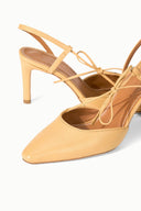 Cashew tan INEZ heel sandals, pointed toe, ankle tie straps, smooth upper detail