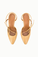 Pair of cashew tan INEZ heel sandals, open toe, ankle tie laces, visible lining