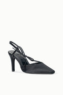 Black pointed-toe heeled sandal side view with thin ankle tie straps