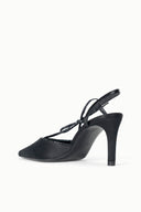 Black slingback heeled sandal with ankle tie strap and pointed toe