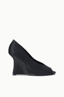 Black satin peep-toe wedge heels, side profile with open peep opening