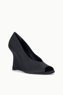 Black satin peep-toe wedge heels, angled side view with open toe
