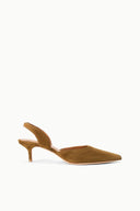 Tan-brown suede slingback heels with pointed toe and low stiletto heel