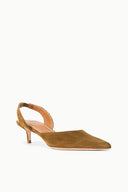 Tan-brown suede slingback heels with sling strap and pointed toe, low heel