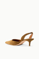 Tan-brown suede slingback heels with cutout strap, pointed toe, mid stiletto