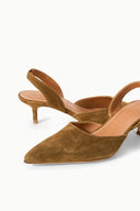 Tan-brown suede slingback heels with open back strap and pointed toe