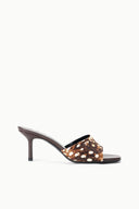 Fawn haircalf mule slide with block heel, open toe, animal-print upper