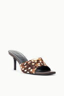 Fawn haircalf mule slide with sculpted block heel, open toe animal-print upper