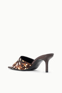 Fawn haircalf mule with open toe and mid-height block heel, animal-print upper