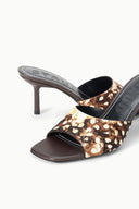Fawn haircalf mule slide, open toe with black lining and animal-print vamp
