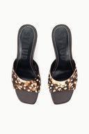 Fawn haircalf mule pair, open-toe slides with block heels and animal-print uppers