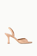 Cashew heeled open-toe slingback sandal with ankle strap and slim curved heel