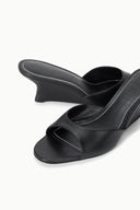 Black leather wedge mule sandals, stitched V seam and wide open toe