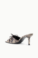 Women's quill-pattern mule with lace-up ties and slim stiletto heel, front angle