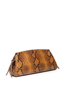 Snakeskin-pattern soft clutch with zip top and short tie straps