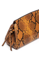 Snakeskin-pattern soft clutch, angled view with zip top and tie straps