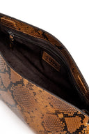 Snakeskin-pattern soft clutch with open interior lining and zip pocket