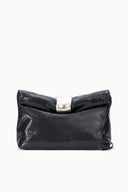Black snake-texture cuff clutch with fold-over top and silver-tone clasp