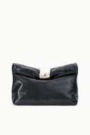 Black snake-texture fold-over cuff clutch with silver-tone clasp at center