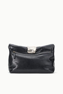 Black snake-texture cuff clutch with zipper opening and stitched front logo patch