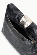 Black snake-texture cuff clutch with curved side and gold-tone zipper pull