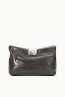 Espresso leather cuff clutch back view with zipper pocket details