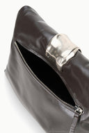 Espresso leather cuff clutch open zipper pocket with black lining