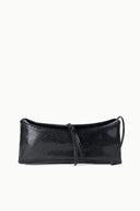 Black snake-embossed leather clutch bag with top flap and magnetic snap