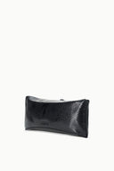 Black snake-embossed leather clutch viewed from side with top clasp