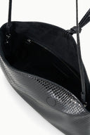 Black snake-embossed clutch interior with zip pocket and fabric lining