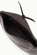 EVE clutch interior view with dark suede lining and zip pocket, snake-textured exterior