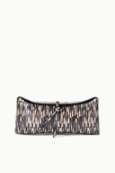 EVE quill clutch with navy-and-ivory vertical stripe pattern and drawstring ties