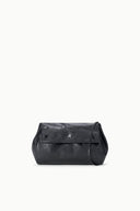 Black convertible bag with top flap, side pleats, and magnetic clasp