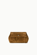 Cigar brown suede convertible bag with front flap and button closure