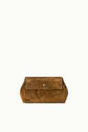 Cigar brown suede convertible bag with flap pocket and short handle