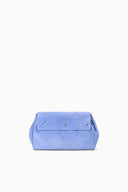 Light blue convertible bag with front flap and button clasp, short handle