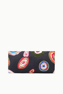 Black rectangular clutch with Millefiore 2.0 paisley print and top zipper edge.