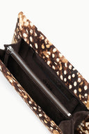 Fawn haircalf clutch interior with zip opening and brown/tan speckled lining