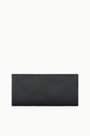 Black rectangular clutch bag with smooth fabric front and minimal hardware