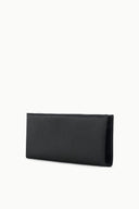 Black rectangular clutch bag with smooth surface and angled side profile