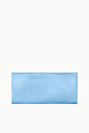 MUSE clutch in light blue, rectangular satin design with top zipper closure