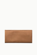 Tan leather clutch bag with top flap and minimal hardware.