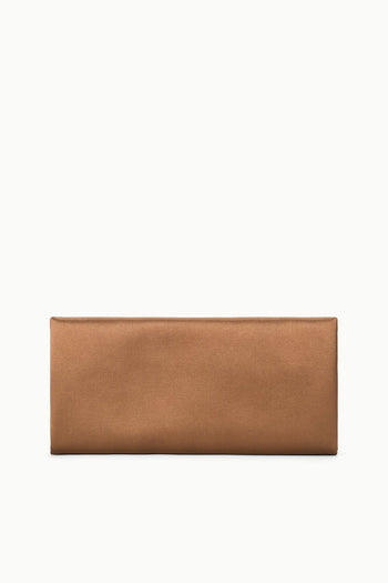 Tan leather clutch bag with top flap and minimal hardware.