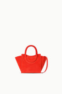 Maude mini tote bag in tangelo red, rounded top handles, open top with side seams