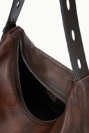LEVI espresso brown leather hobo bag interior with zip pocket and black handle straps