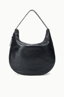 Black hobo bag with curved top handles and side zip pull tabs