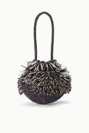 Round beaded porcupine bag with spike fringe and braided top handles, black multi