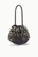 Round beaded porcupine bag with spike fringe and braided handles, black multi