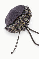 Porcupine-style spike fringe bag with draped flap and braided drawstring ties
