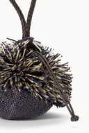 Round spike fringe bag with braided shoulder straps and textured bead body